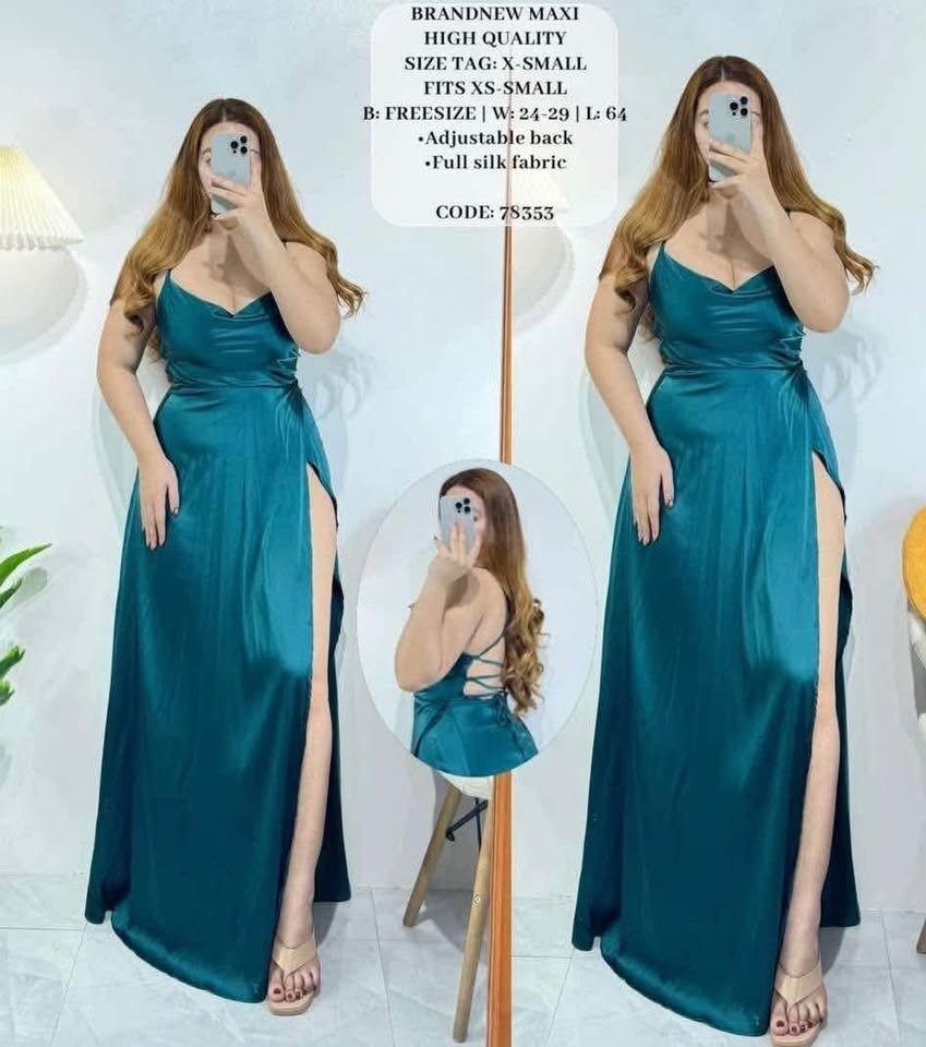 Teal Silk Maxi Dress High Quality Size Small - Medium (Category: Dresses) located in Paranaque City. Submitted by maizelle (Listing ID 1468674837, Image 1). Description: - Color & Material: Stunning teal green, premium full silk - Size: Fits XS to Small frames - Bust: Free size - Waist: Fits 24 to 29 inches - Length: 64 inches - Key Features: Adjustable back and high leg slit - Item Code: 78353.