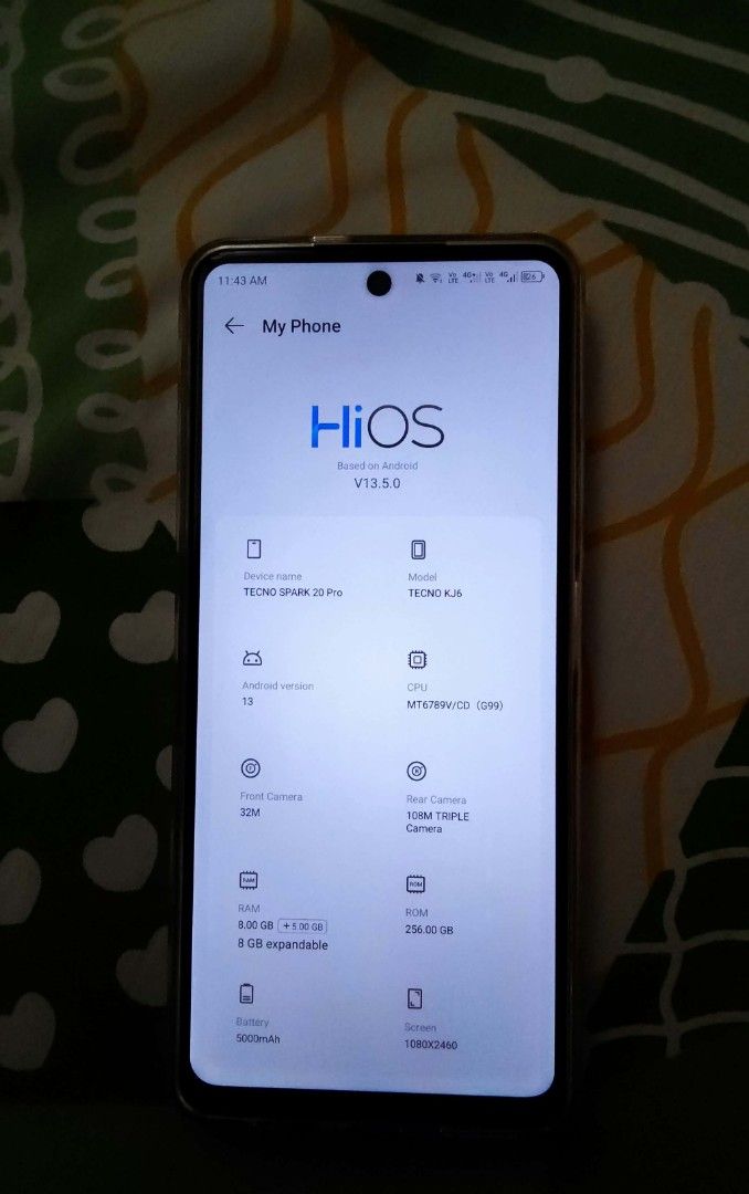 Tecno Spark 20 Pro (RUSH) (Category: Android Others) located in Manila. Submitted by brighttree.3f1574 (Listing ID 1468529036, Image 2). Description: No issues at all, except for minimal scratches on sides due to phone case : )) Tecno Spark 20 Pro Specifications Model: KJ6 Resolution: 1080 x 2460 Size: 6'78 inch. Type: IPS LCD; 120Hz Dual Sim Android 13 - HiOS 13.5.0 Storage Ram: 8gb + 8gb expandable Rom: 256gb Chipset: Mediatek Helio G99 Main Ca