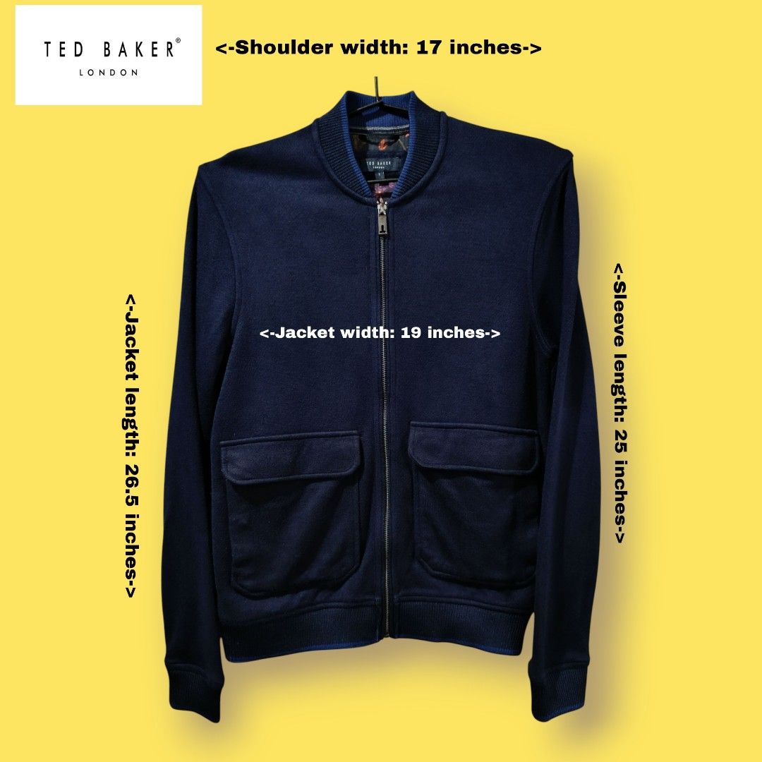 Ted Baker Mens Navy Blue Double Front Pocket Bomber Jacket (Category: Coats, Jackets and Outerwear) located in Bacoor. Submitted by nineties_kid (Listing ID 1468589240, Image 1). Description: <==• Ted Baker Mens Navy Blue Double Front Pocket Bomber Jacket Size: Extra Small (fits small also) Shoulder width: 17 inches Sleeve length: 25 inches Jacket width: 19 inches (Armpit-armpit) Jacket length: 26.5 inches _________________________ -Modes Of Deli
