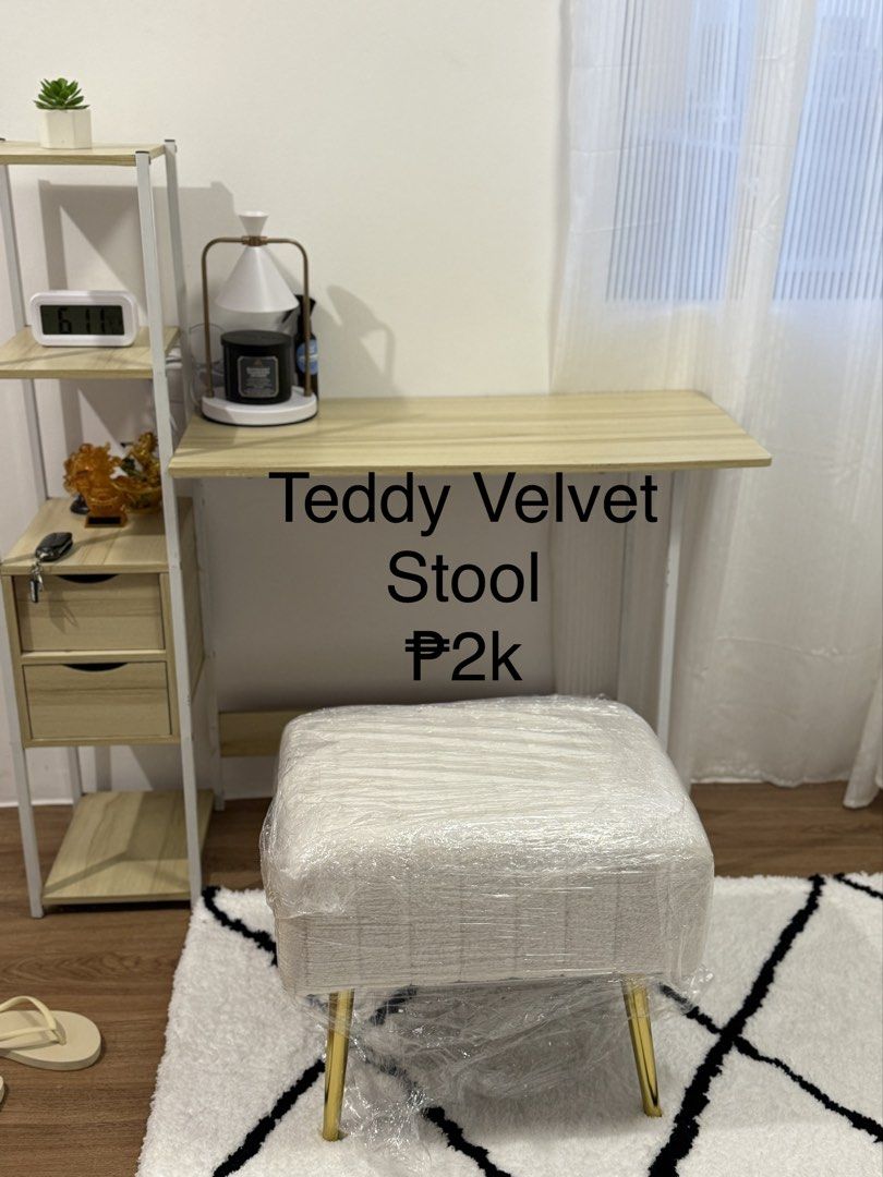 Teddy Velvet Stool with Gold Legs Accent (Category: Chairs) located in Manila. Submitted by camiepink_0618 (Listing ID 1468538784, Image 1). Description: Aesthetic Teddy Velvet Stool - Condition: Brand new, still wrapped in original plastic protection Rfs: Dinesign lang house, all brand new. Change of Plan. For rent out na yung place. .