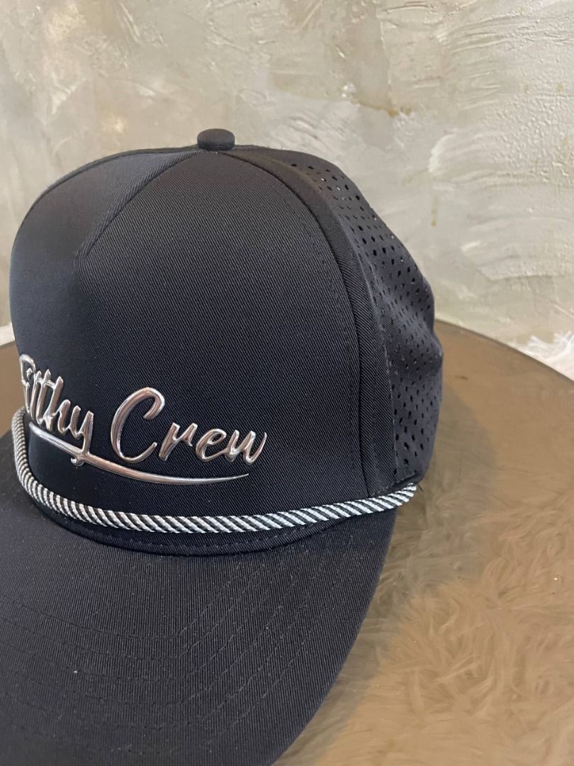 Branded Filthy Crew Black Rope Snapback Cap (Category: Caps & Hats) located in Cavite. Submitted by rojanemilpongos (Listing ID 1468623687, Image 3). Description: 🧢 Filthy Crew Black Rope Hat 🎨 Color: Solid Black with Metallic Silver/Iridescent Embroidery & White/Black Rope Brim ✨ Condition: 10/10 – Brand new, never worn, authentic premium merch ✔️ Premium cotton/poly blend construction for durability and comfort ✔️ Eye-catching metallic "Filth