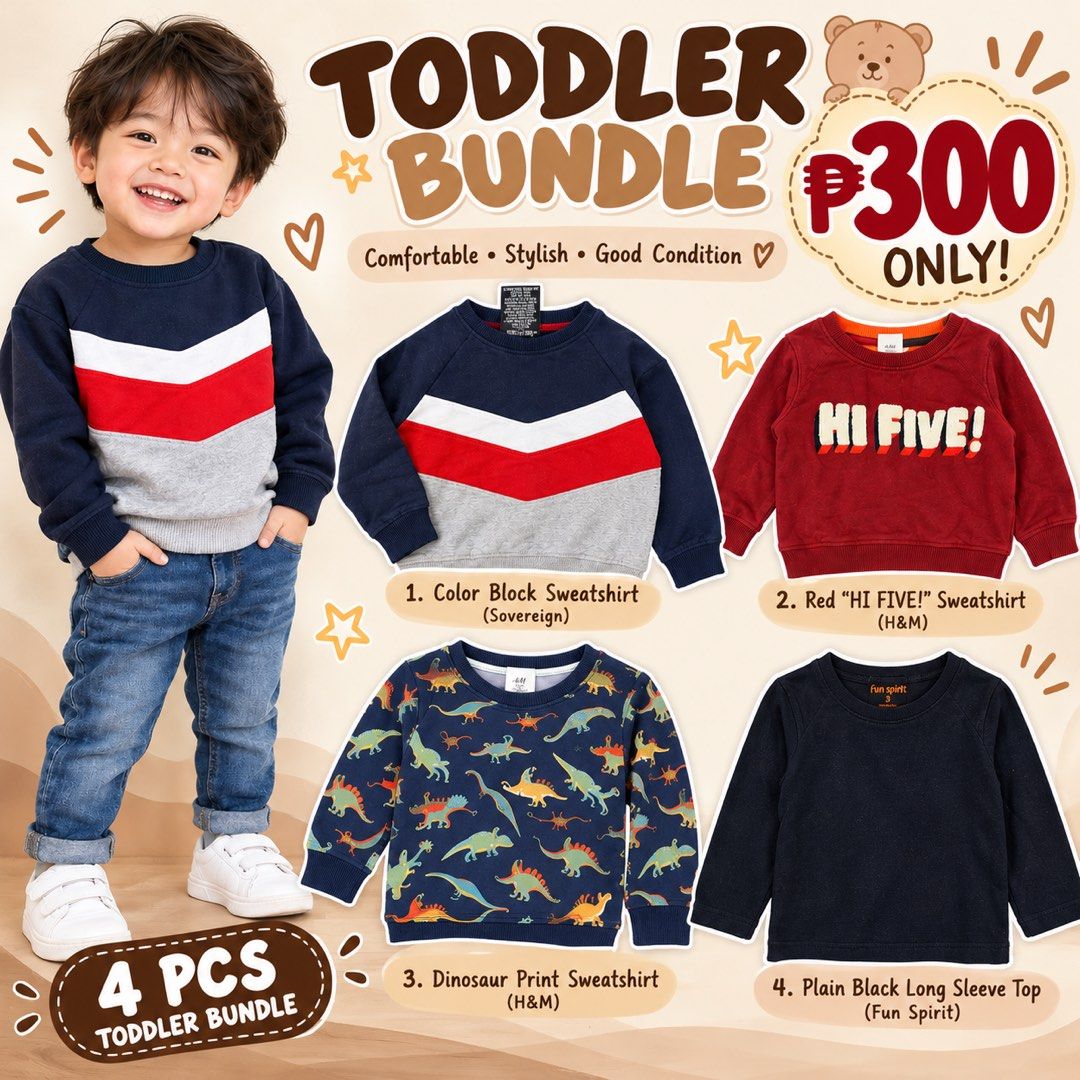 Toddler Sweatshirt and Long Sleeve Top Bundle 4 Pcs (Category: Babies & Kids Fashion) located in Arayat. Submitted by nanungburimu (Listing ID 1468576923, Image 1). Description: - Set of 4 comfy toddler tops for everyday wear - Sovereign color block sweatshirt - H&M red FIVE sweatshirt - H&M dinosaur print sweatshirt - Fun Spirit plain black long sleeve top - Selling all together as a bundle.
