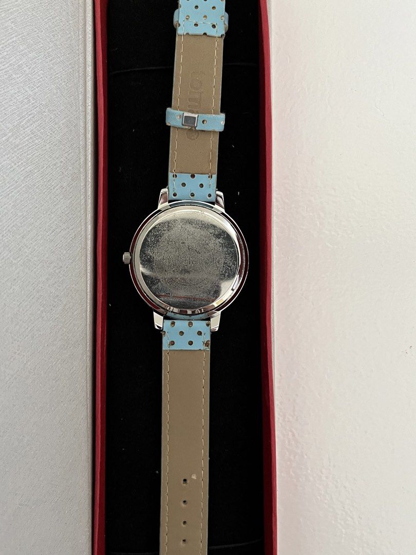 Tomato tiffany blue strap (Category: Women's Watches) located in Manila. Submitted by irish_closet (Listing ID 1468550671, Image 3). Description: White bezel, a black-and-white patterned dial featuring the brand logo (“tomto”), crystal-like accent markers, and a light blue strap with small polka dots.