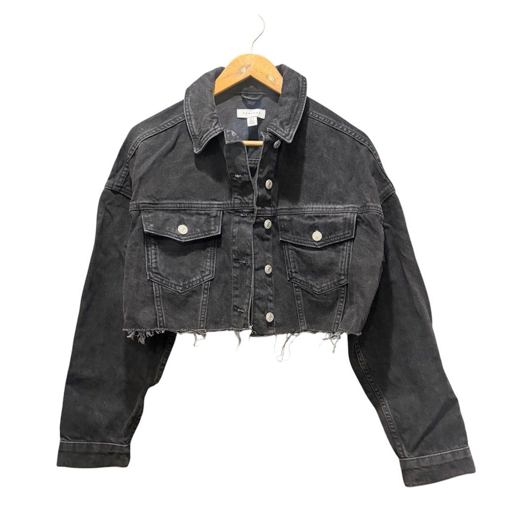 Topshop Black Denim Cropped Jacket (Category: Coats, Jackets and Outerwear) located in Marikina City. Submitted by lou.and.trio (Listing ID 1468570311, Image 1). Description: - Condition: Used once - Style: Black denim cropped jacket with raw frayed hem - Size: UK 8 / EUR 36 / US 4 - Details: Silver metal buttons, classic collar, chest pockets, and button cuffs.