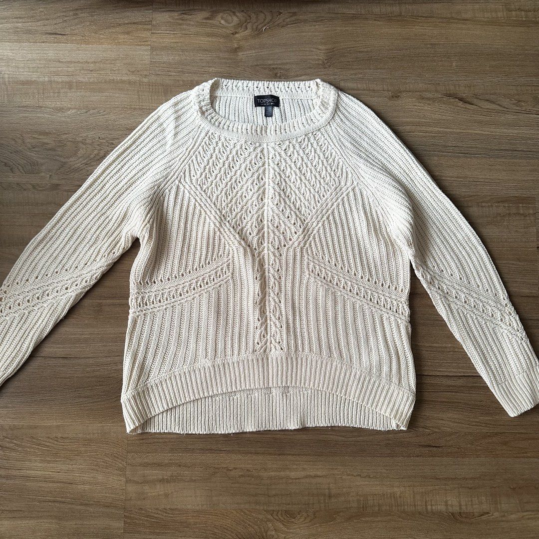 Topshop White Cableknit Sweater (Category: Coats, Jackets and Outerwear) located in Pasig City. Submitted by funkypeach (Listing ID 1468506432, Image 1). Description: Topshop cableknit sweater in size S (EUR 34 / US 2 / UK 6). Color is cream. Great for cold weather or air-con rooms. RFS Decluttering MOP Gcash Buyer shoulders shipping.