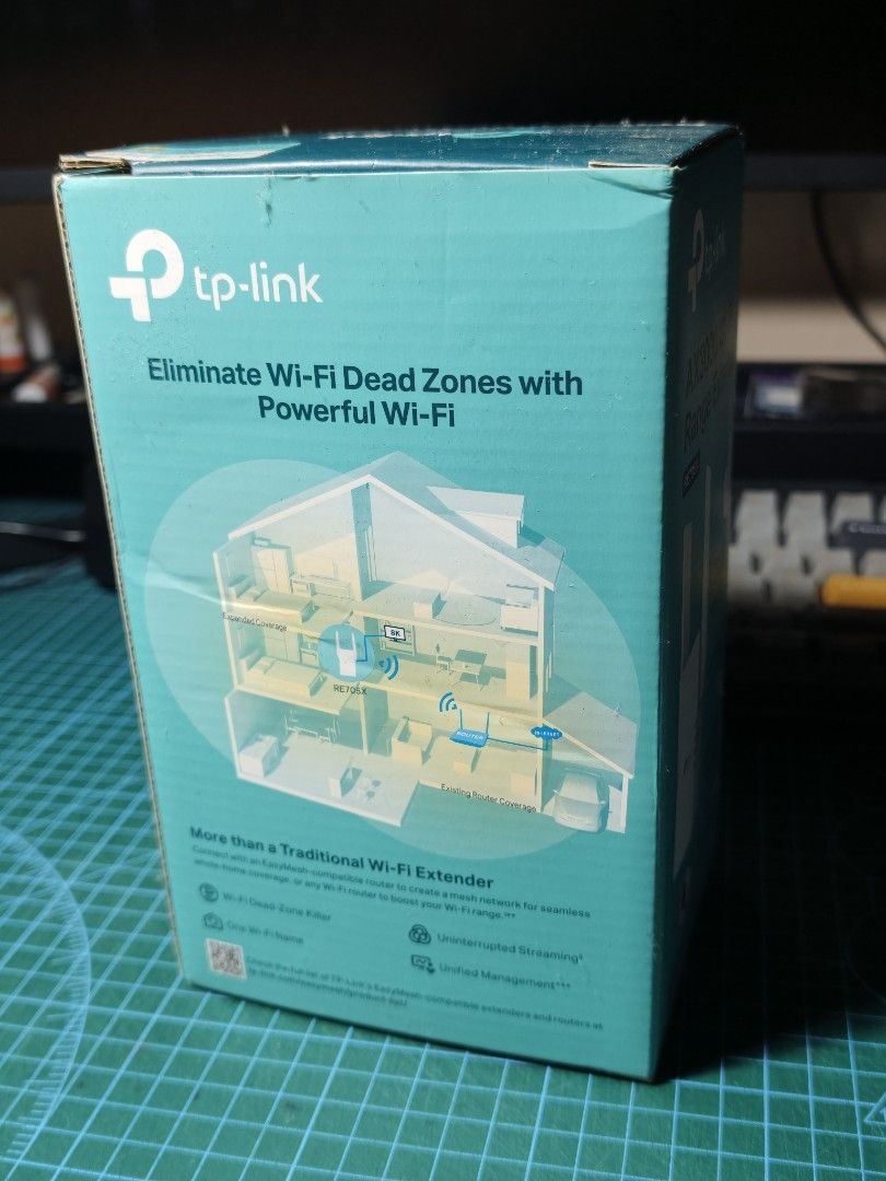 TP-Link AX3000 Wi-Fi 6 Range Extender RE705X (Category: Networking) located in Quezon City. Submitted by christophercsilva (Listing ID 1468500446, Image 2). Description: - Model: TP-Link RE705X AX3000 Dual-Band Wireless Range Extender - Tech: Powered by Wi-Fi 6 to eliminate dead zones and boost coverage - Setup: EasyMesh compatible for seamless whole-home mesh network - Design: Dual external adjustable antennas with direct wall-plug design - Cond