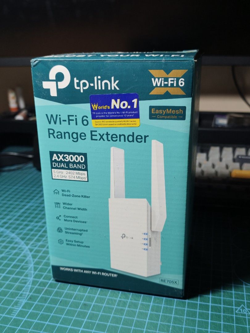 TP-Link AX3000 Wi-Fi 6 Range Extender RE705X (Category: Networking) located in Quezon City. Submitted by christophercsilva (Listing ID 1468500446, Image 1). Description: - Model: TP-Link RE705X AX3000 Dual-Band Wireless Range Extender - Tech: Powered by Wi-Fi 6 to eliminate dead zones and boost coverage - Setup: EasyMesh compatible for seamless whole-home mesh network - Design: Dual external adjustable antennas with direct wall-plug design - Cond