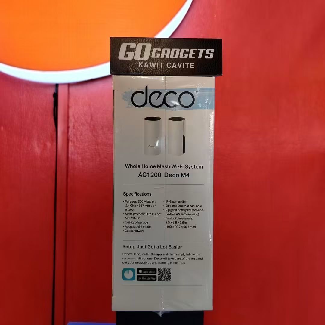 TP-Link Deco M4 AC1200 Mesh WiFi System 2PACK (Category: Networking) located in Caloocan City. Submitted by kentsalvador31 (Listing ID 1468576459, Image 1). Description: TP-Link Deco M4 AC1200 Mesh WiFi System 2PACK SRP: 4,919.00 Go Gadgets - Kawit Cavite 💬 Message us now for full specs & recommendations! 🌐 Suitable for: ✅ Home WiFi upgrade ✅ Whole-home WiFi coverage ✅ Condo / apartment WiFi ✅ Office WiFi setup ✅ Business WiFi setup ✅ Multiple 