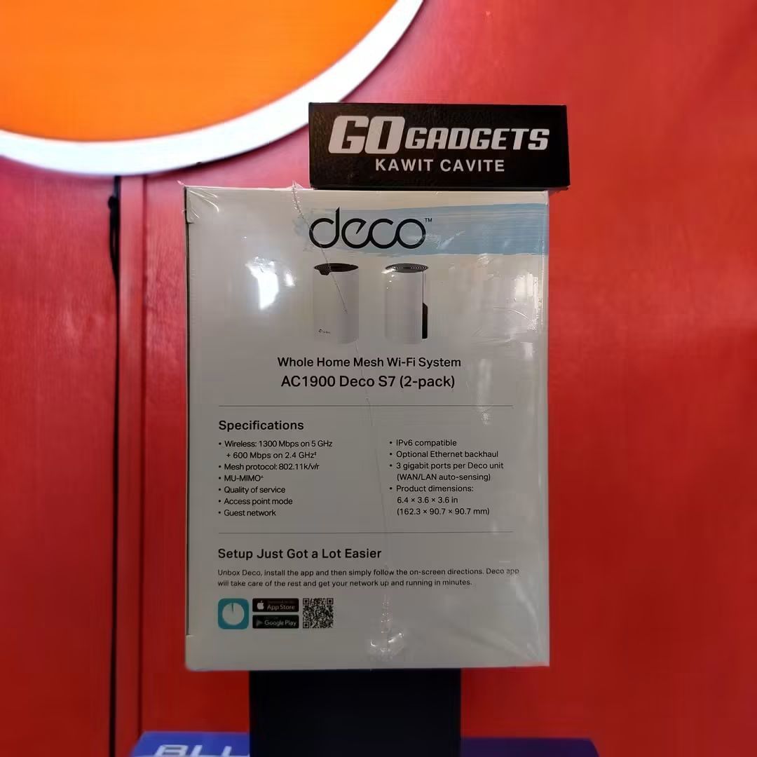 TP-Link Deco S7 AC1900 Gigabit Mesh WiFi System 2PACK (Category: Networking) located in Caloocan City. Submitted by kentsalvador31 (Listing ID 1468576265, Image 1). Description: TP-Link Deco S7 AC1900 Gigabit Mesh WiFi System 2PACK SRP: 4,726.00 Go Gadgets - Kawit Cavite 💬 Message us now for full specs & recommendations! 🌐 Suitable for: ✅ Home WiFi upgrade ✅ Whole-home WiFi coverage ✅ Condo / apartment WiFi ✅ Office WiFi setup ✅ Business WiFi s