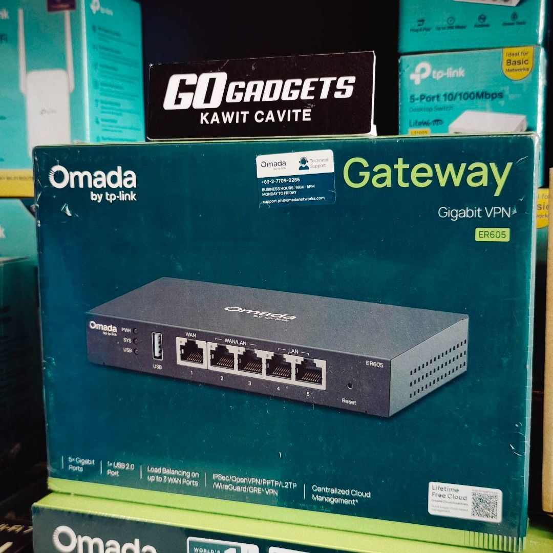 TP-Link Omada ER605 Gigabit VPN Gateway (Category: Networking) located in Cavite. Submitted by jerickher83429 (Listing ID 1468574592, Image 1). Description: - Item: TP-Link Omada ER605 Gigabit VPN Gateway - Condition: Brand new, sealed in original box - Source: Purchased from Go Gadgets Kawit Cavite - Ports: 5 Gigabit ports and 1 USB 2.0 port - WAN Support: Up to 3 WAN ports for load balancing - VPN Protocols: IPsec, OpenVPN, PPTP, L2TP, WireGuar