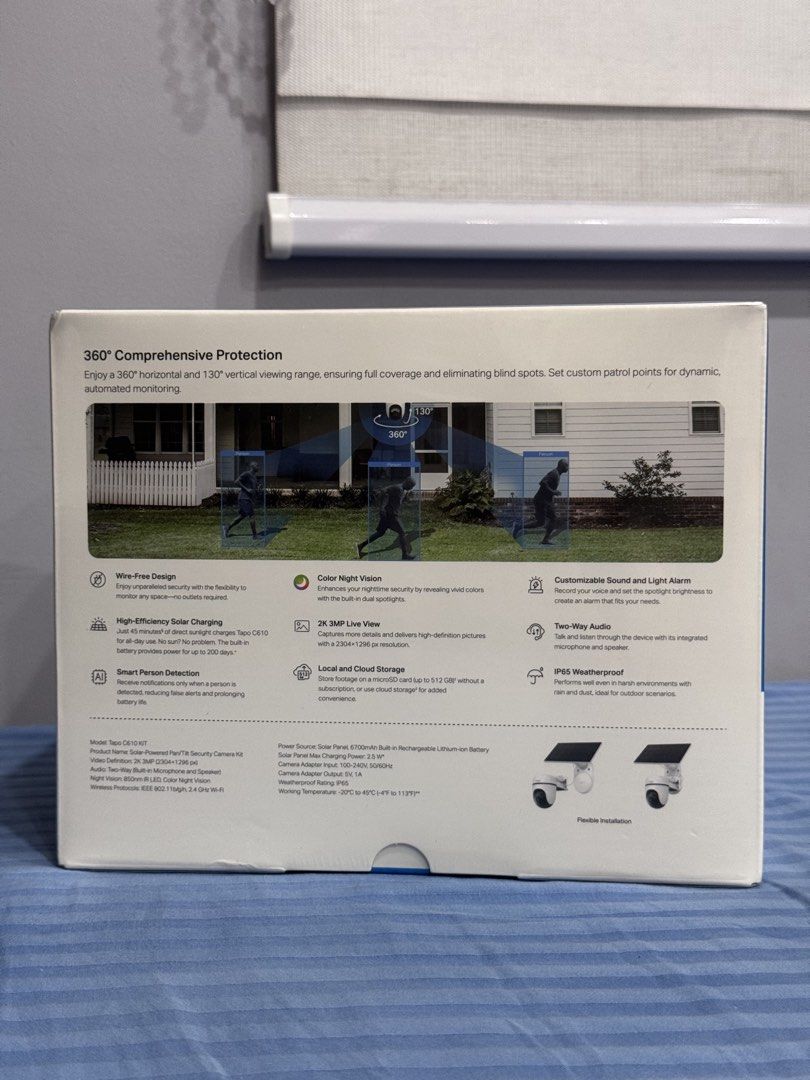 TP-Link Tapo C610 KIT Solar-Powered Pan/Tilt Security Camera (Category: Security Systems & CCTV Cameras) located in Manila. Submitted by altabl123 (Listing ID 1468515477, Image 3). Description: - Brand new & factory sealed in original box - 2K Live View with 360° pan & tilt coverage - 100% wire-free with rechargeable battery & high-efficiency solar panel - Color night vision & smart person detection - Two-way audio and IP65 weatherproof rating - 