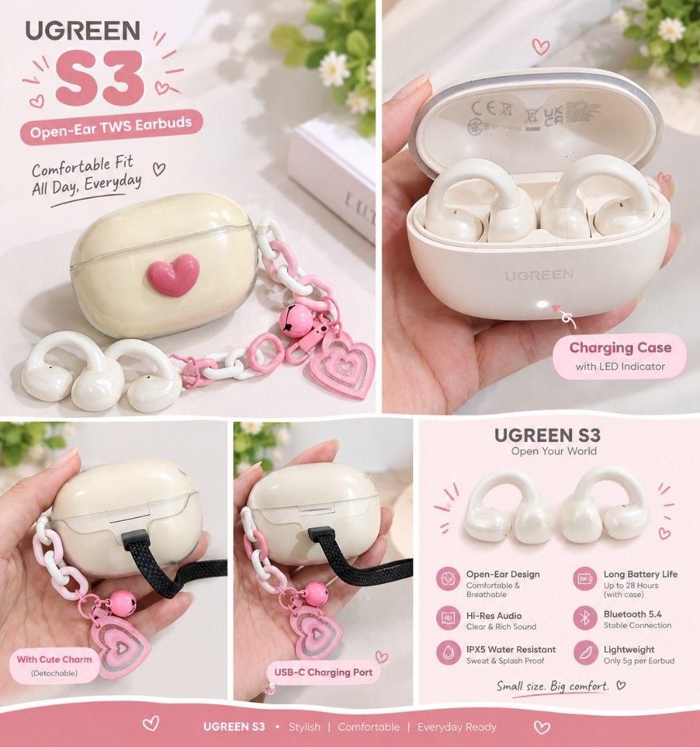 Ugreen S3 open ear tws earbuds white with case casing (Category: Earphones) located in Quezon City. Submitted by niceprelovedstuffsymc (Listing ID 1468659809, Image 1). Description: .