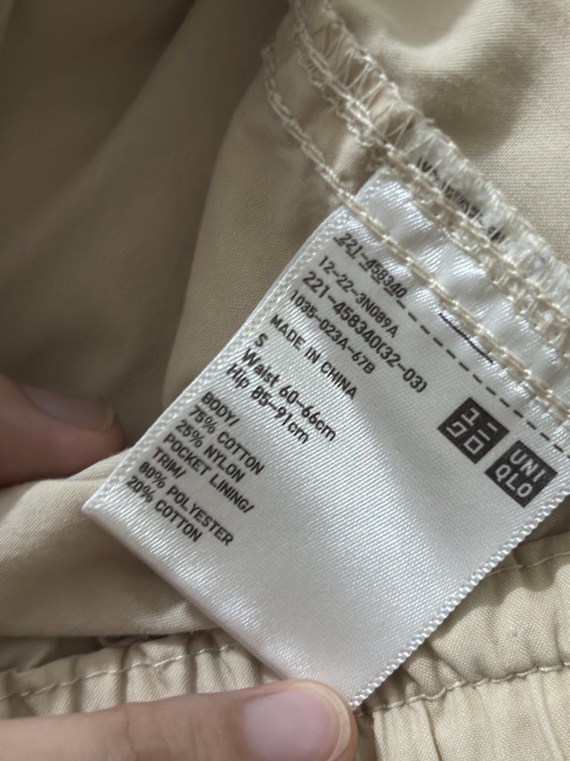 Uniqlo Beige Cargo Pants (Category: Other Bottoms) located in Manila. Submitted by _.ginny (Listing ID 1468518625, Image 3). Description: - very comfy and presko - size: S (Waist: 60-66cm, Hips: 85-91cm) - features: side cargo pockets, adjustable drawstring hem details - fits xs-s - only a small stain near the hem, but washable - rfs: decluttering - MOP: gcash / paymaya - MOD: lalamove (shouldered by the buyer) - intramuros, manila.