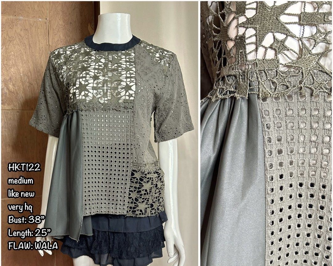 Unique Patchwork Top Grey Green Medium (Category: Sleeveless) located in Mandaue City. Submitted by chuchi152615 (Listing ID 1468575026, Image 1). Description: - Style: Unique patchwork top combining lace, crochet, satin, and eyelet textures - Details: Short sleeves with a dark contrasting neckline - Size: Medium (Bust: 38 inches, Length: 25 inches) - Condition: Excellent, no flaws found on the fabric - Perfect for effortless, stylish layering.