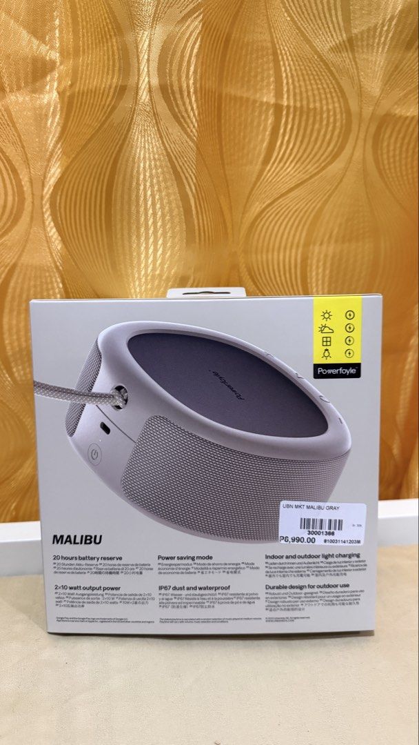 Urbanista Malibu Bluetooth Speaker (Category: Soundbars, Speakers & Amplifiers) located in Manila. Submitted by yellowange25553 (Listing ID 1468526125, Image 1). Description: BRAND NEW, SEALED, and UNUSED - Model: Malibu Wireless Speaker - Color: Malibu Gray - Battery Life: Up to 20 hours with power-saving mode - Audio Output: 2x10 watts - Durability: IP67 dust and water-resistant, rugged design for outdoors - Special Feature: Indoor and outdoor 