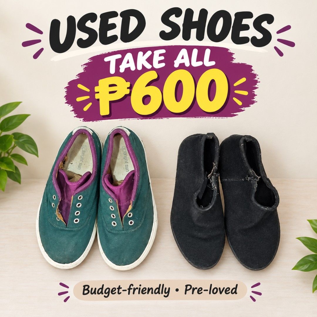 Used Shoes Take All Bundle Green and Black (Category: Casual Shoes) located in Pasay City. Submitted by steff_22 (Listing ID 1468567910, Image 1). Description: - 2 pairs of pre-loved shoes bundled for only ₱600 - Pair 1: Bright Sun green canvas sneakers with stylish purple trim - Pair 2: Black slip-on shoes featuring a comfortable, soft fabric upper - Condition: Both pairs show visible wear around the collars and edges - Great budget-friendly opt