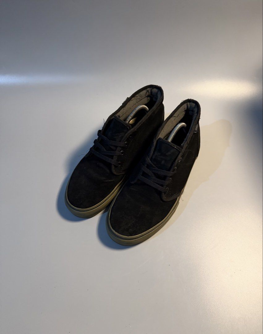 Vans Chukka Low Pro Classics Black Olive Men's 9.5 (Category: Sneakers) located in Caloocan City. Submitted by maempenafi21452 (Listing ID 1468657623, Image 2). Description: - Brand/Model: Vans Chukka Low Pro skate shoes - Colorway: Black suede upper, olive green midsole, gum waffle outsole - Size: Men's US 9.5 - Features: Mid-top silhouette, metal eyelets, comfortable fit - Condition: Minor wear on collar lining, tread is in great shape.