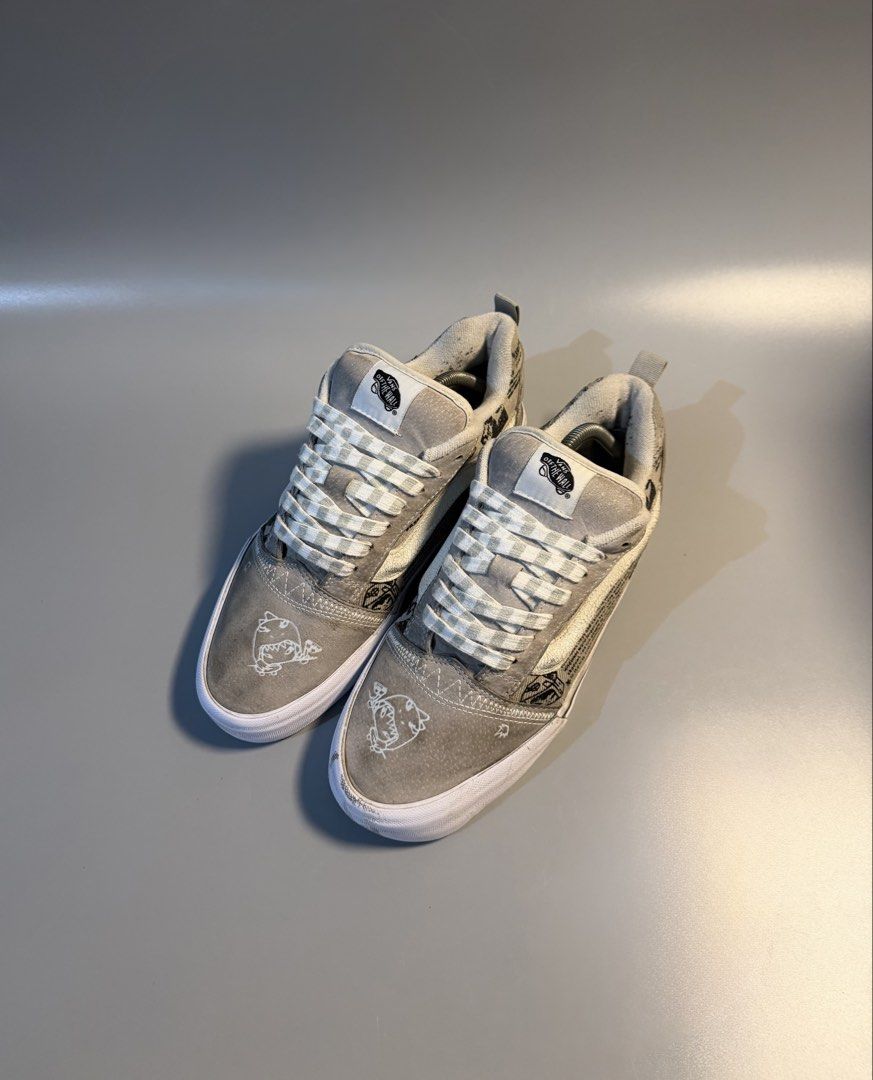 Vans KNU Skool Grey Custom Print Sneakers US 10.5 (Category: Sneakers) located in Quezon City. Submitted by markieexp (Listing ID 1468663761, Image 2). Description: - Model: Vans Old Skool - Color: Grey with unique all-over graphic prints on upper and midsole - Size: US Men's 10.5 / UK 9.5 / EUR 44 - Extras: Includes checkered white and grey laces - Features: Translucent rubber outsoles with hidden printed graphics - Condition: Minor signs of wea