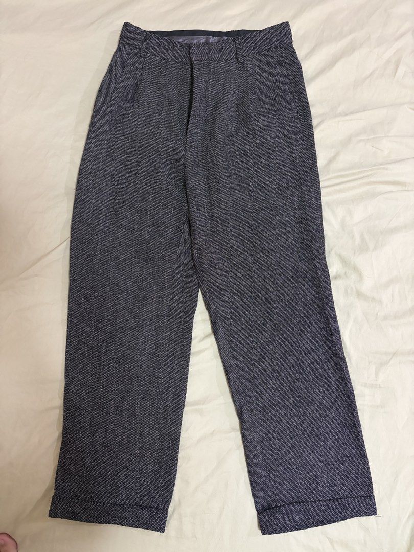 Versace Classic Dark Grey Textured Dress Pants (Category: Trousers) located in Mandaluyong City. Submitted by afterceej (Listing ID 1468659003, Image 2). Description: - Brand: Versace Classic -Size: 26inches - Color/Pattern: Dark grey textured weave - Style: High waist, pleated front, cuffed hems - Details: Back buttoned pocket, satin-lined inner waistband with branded pocket lining - Versatility: Ideal for formal or smart casual wear - Condition