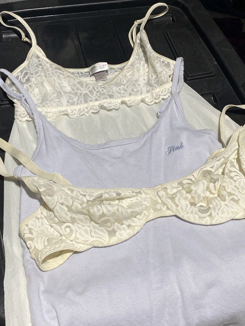 Victoria’s Secret Bundle (Category: Others Tops) located in Bocaue. Submitted by jintanthrift (Listing ID 1468691613, Image 1). Description: white sheer top - S pastel blue top - XS (one pinhole) demi bra - 34B pm for indiv pics :) . . . y2k, lace cami, camisole.
