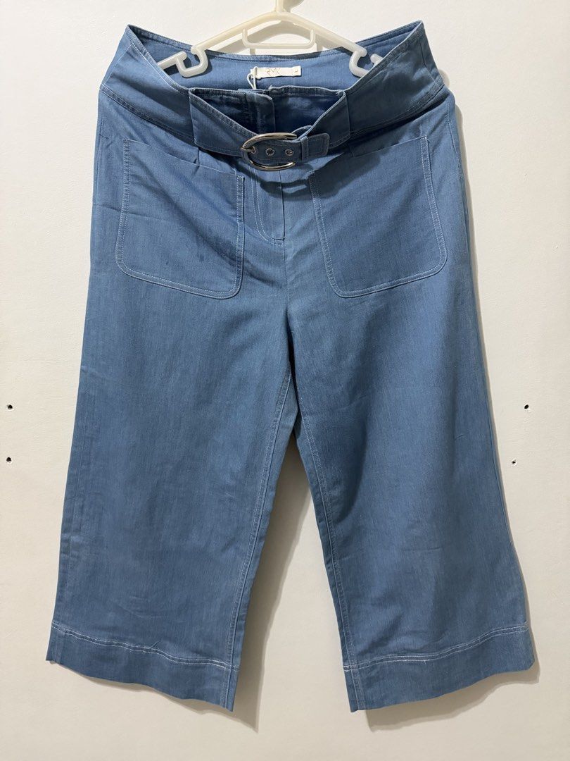 Vintage Denim Culottes (Category: Jeans) located in Malolos. Submitted by eadiana (Listing ID 1468619395, Image 1). Description: - Brand: RMK - Style: Wide leg denim culottes - Color: Medium blue wash - Size: L - Waist: High-waisted with built-in belt and metal buckle closure - Pockets: Large front patch pockets and clean back welt pockets - Details: Contrast topstitching throughout.