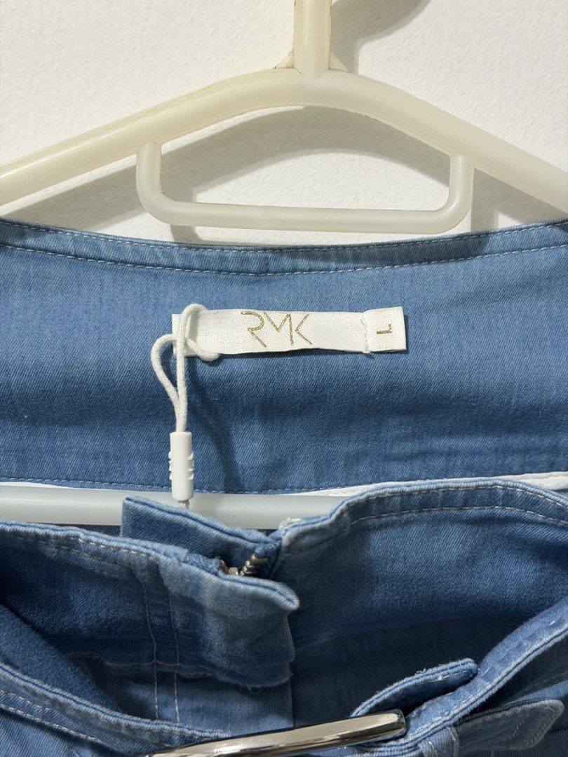Vintage Denim Culottes (Category: Jeans) located in Malolos. Submitted by eadiana (Listing ID 1468619395, Image 3). Description: - Brand: RMK - Style: Wide leg denim culottes - Color: Medium blue wash - Size: L - Waist: High-waisted with built-in belt and metal buckle closure - Pockets: Large front patch pockets and clean back welt pockets - Details: Contrast topstitching throughout.