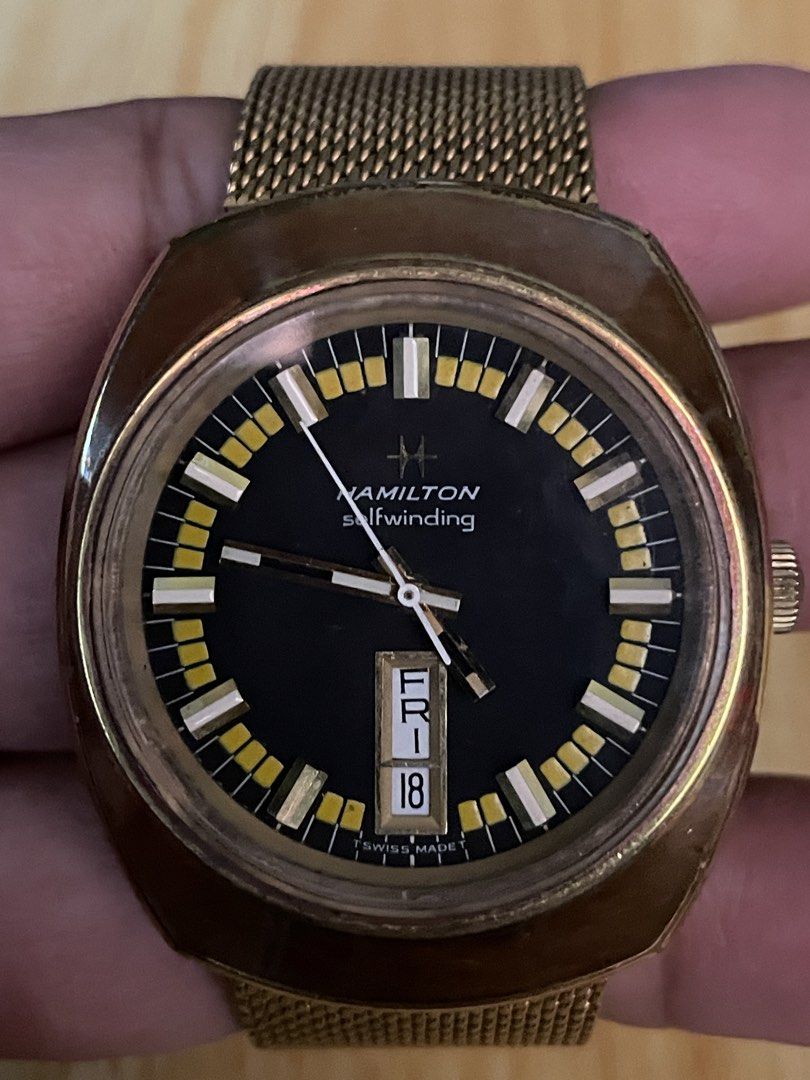 Vintage Hamilton Auto Date Clermont 1970 (Category: Men's Watches) located in Taguig. Submitted by tester1x (Listing ID 1468563738, Image 3). Description: Vintage Hamilton Auto Date Clermont Swiss Made Self Winding Day/Date Black Dial Gold Plated Case 36mm Replacement Bracelet .
