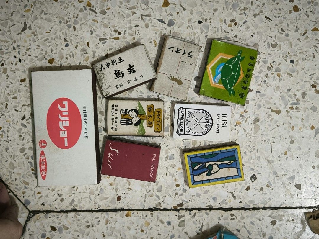 Vintage Japanese Matchboxes Assorted Collection (Category: Vintage Collectibles) located in Angeles City. Submitted by yellowbrickstore (Listing ID 1468684792, Image 1). Description: - Set of 8 vintage Japanese matchboxes - Features retro designs from restaurants, bars, and shops - Includes unique turtle art and classic typography - Authentic vintage condition with age spots and creases - Great for collectors of Japanese ephemera and vintage pack