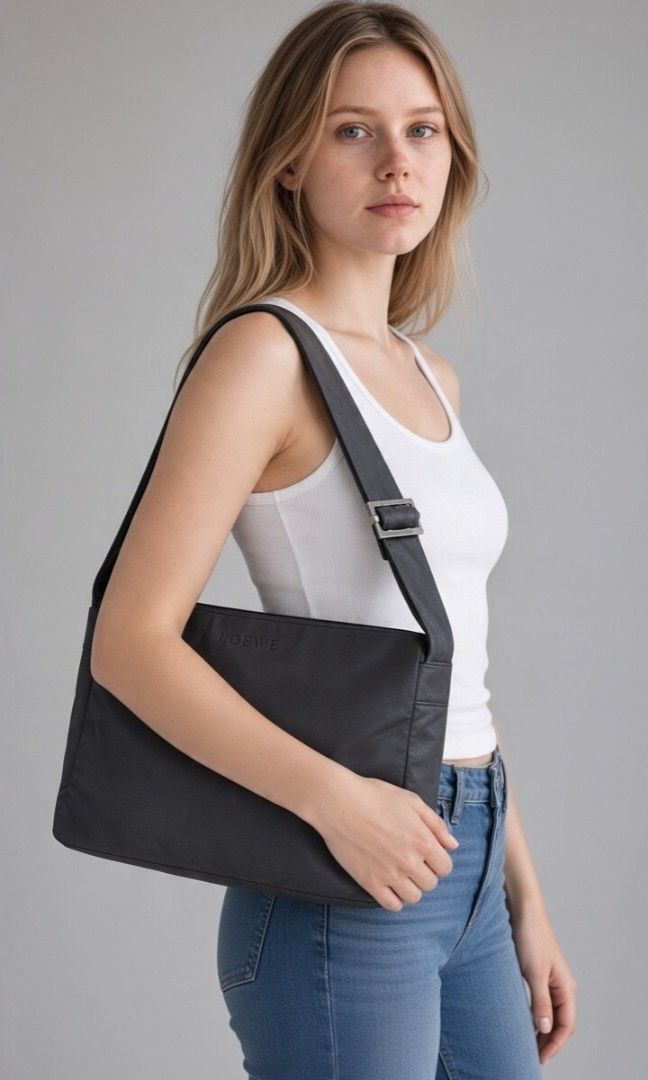 VINTAGE LOEWE MADRID NYLON SHOULDER BAG (Category: Shoulder Bags) located in Las Pinas. Submitted by annachiaonair2037 (Listing ID 1468660320, Image 1). Description: VINTAGE LOEWE MADRID NYLON SHOULDER BAG FROM JAPAN LAMPO ZIP 3 COMPARTMENTS( 2ZIP CLOSURE, 1 OPEN) THICK NYLON WITH LEATHER STRAP ADJUSTABLE STRAP NORMAL SIGN OF USAGE MAYBE PRESENT LUKOT LNG DUE TO STORAGE H 8.5" L 12" W 3" Disclaimer: I am not affiliated with, associated with, or a