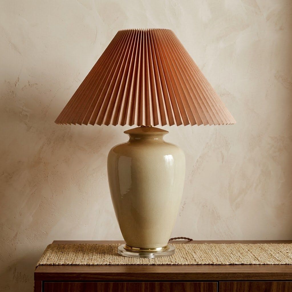 Vintage Postmodern Ceramic Urn Table Lamp w/ Pleated Shade (Category: Other Home Furniture) located in Manila. Submitted by wisemoon_247f18 (Listing ID 1468550368, Image 1). Description: Vintage Postmodern Ceramic Urn Table Lamp with Pleated Shade 💡✨ Adding a warm, cozy, and timeless glow to any space. Perfect for Japandi, Wabi-Sabi, Creamtone, or Retro-Vintage interior setups! Design: Postmodern Classic Urn Shape Glazed Ceramic Base Shade: Vint