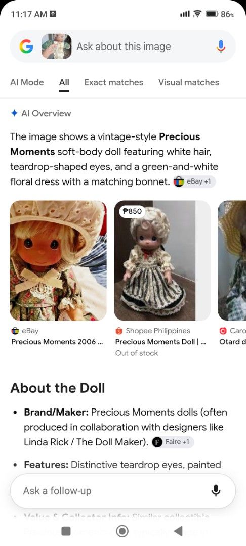 Vintage Precious Moments rag doll (Category: Plushies & Soft Toys) located in Mandaluyong City. Submitted by LEATHERFACE (Listing ID 1468549390, Image 2). Description: - Authentic Precious Moments soft-body collector doll - Features signature teardrop-shaped eyes and painted facial details - Dressed in a charming green and white floral dress, matching bonnet, and white pinafore overlay - Fabric clothing is well-preserved and completely intact - S