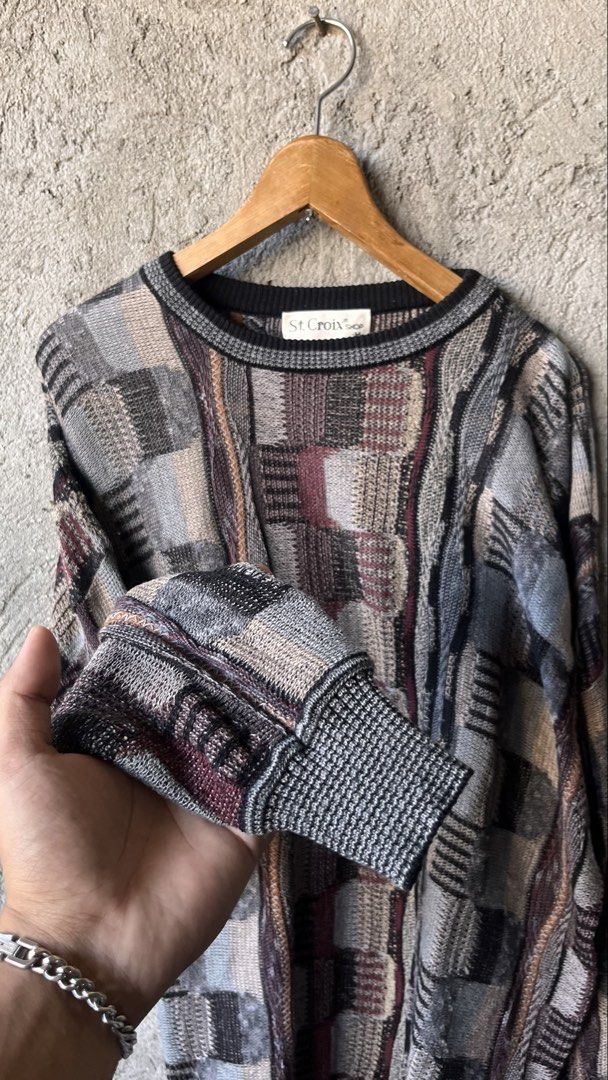 Vintage St. Croix Shop Patterned Knit Sweater Medium (Category: Coats, Jackets and Outerwear) located in Cabuyao City. Submitted by bulandos (Listing ID 1468710445, Image 3). Description: Vintage St. Croix Shop sweater in men's medium. Made in USA from 85% cotton and 15% polyester. Detailed abstract geometric pattern in shades of grey, charcoal, burgundy, and brown. Ribbed collar, cuffs, and hem. Machine washable..