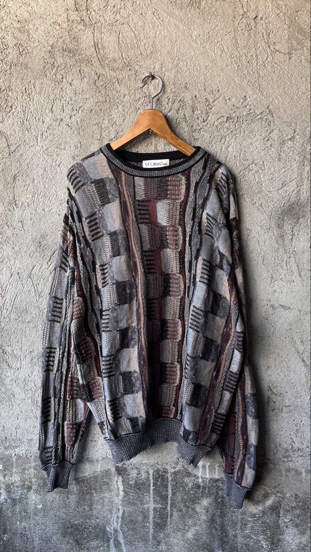 Vintage St. Croix Shop Patterned Knit Sweater Medium (Category: Coats, Jackets and Outerwear) located in Cabuyao City. Submitted by bulandos (Listing ID 1468710445, Image 1). Description: Vintage St. Croix Shop sweater in men's medium. Made in USA from 85% cotton and 15% polyester. Detailed abstract geometric pattern in shades of grey, charcoal, burgundy, and brown. Ribbed collar, cuffs, and hem. Machine washable..