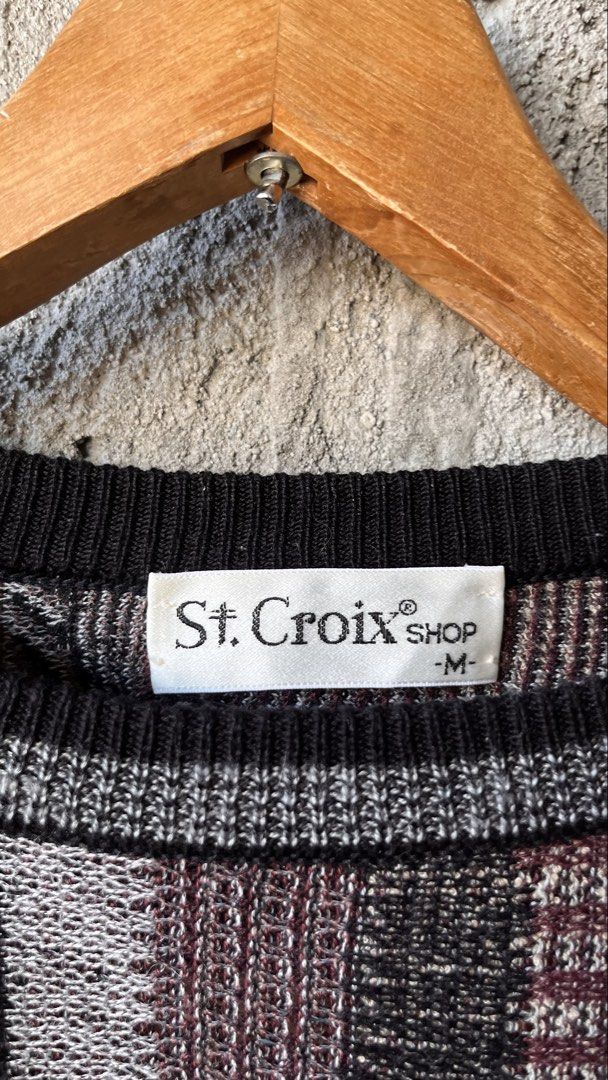 Vintage St. Croix Shop Patterned Knit Sweater Medium (Category: Coats, Jackets and Outerwear) located in Cabuyao City. Submitted by bulandos (Listing ID 1468710445, Image 2). Description: Vintage St. Croix Shop sweater in men's medium. Made in USA from 85% cotton and 15% polyester. Detailed abstract geometric pattern in shades of grey, charcoal, burgundy, and brown. Ribbed collar, cuffs, and hem. Machine washable..
