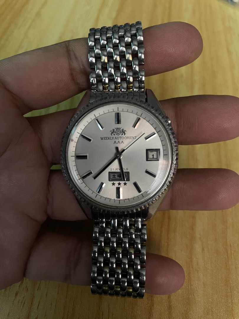 Vintage Weekly Auto Orient AAA (Category: Men's Watches) located in Taguig. Submitted by tester1x (Listing ID 1468562127, Image 2). Description: Weekly Auto Orient AAA Japan Mov’t 2406 - 116 0 104945LK Anti Shock Stainless Steel 37.8mm 7’ inch wrist plus size.
