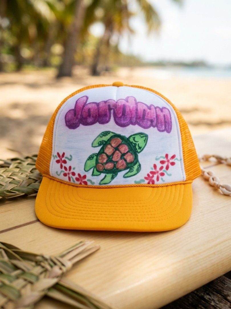 Vintage Yellow Tropical Sea Turtle Customized Trucker Hat (Category: Caps & Hats) located in Binangonan. Submitted by yuristalin888 (Listing ID 1468660052, Image 1). Description: Add a fun tropical touch to your style with this vibrant yellow trucker hat featuring a colorful sea turtle and floral artwork. Designed with a white front panel, breathable mesh backing, and a curved brim, it’s perfect for beach trips, summer outings, and casual everyda