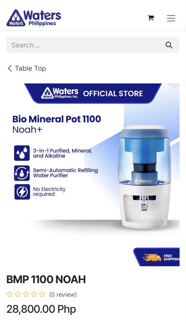 Waters Bio Mineral Pot 1100 Noah+ (Category: Water Purifiers & Dispensers) located in Quezon City. Submitted by tinskizarsari (Listing ID 1468558296, Image 1). Description: - Brand/Model: Bio Mineral Pot 1100 Noah+ from Waters Philippines - 3-in-1 System: Delivers purified, mineral, and alkaline water - Eco-Friendly & Cost-Saving: Completely works without electricity - Convenient Design: Semi-automatic refilling water purifier - Space-Saving: Plu