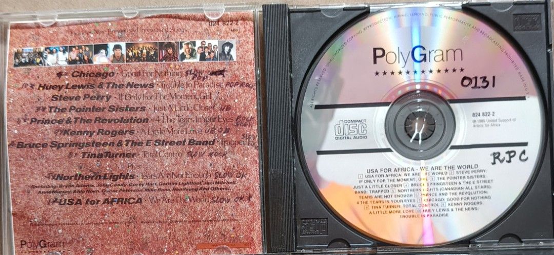 We Are The World PolyGram Audio CD (Category: CDs & DVDs) located in Manila. Submitted by ruelcabrer77078 (Listing ID 1468688168, Image 3). Description: - Original USA for Africa 'We Are The World' audio CD - Includes 9 bonus tracks by 80s legends like Prince, Bruce Springsteen, Tina Turner, and more - PolyGram release (Catalog No: 824 822-2) - Comes in standard jewel case packaging with original booklet - Ships securely from the Philippines.