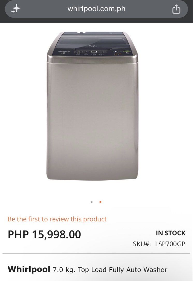 Whirlpool 7.0kg Top Load Fully Auto Washer (Category: Washing Machines and Dryers) located in Taguig. Submitted by swiftearth_250c75 (Listing ID 1468569869, Image 2). Description: Whirlpool top load washing machine with 7kg capacity. Energy saver 6th sense technology built in. Digital display panel with multiple wash programs and water level options. Grey body with transparent dark lid. Includes inlet hose and drain hose inside the drum. Clean un