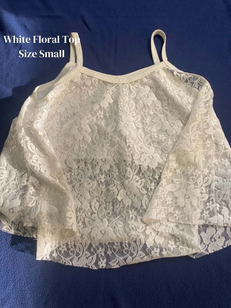 White Floral Lace Top Size Small (Category: Sleeveless) located in Santa Cruz, Pampanga. Submitted by jncthriftshop (Listing ID 1468632844, Image 1). Description: Please note that this item is pre-loved and not brand new. It may have minor signs of use, such as small stains, loose threads, slight fading, or other minor imperfections. Please manage your expectations and check all photos carefully before purchasing. -Condition: Pre-loved / Secondha