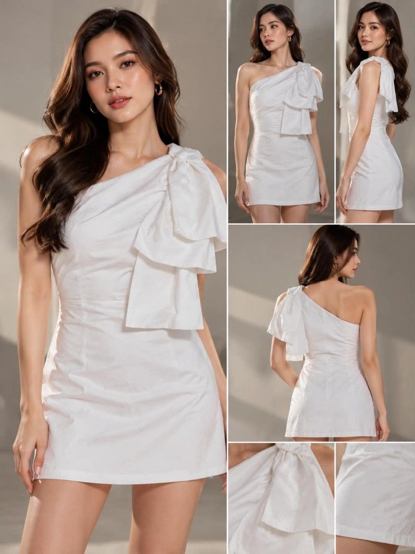 White One-Shoulder Bow Mini Dress (Category: Dresses) located in San Jose del Monte. Submitted by Skin_Care2022 (Listing ID 1468672129, Image 1). Description: - Style: White one-shoulder mini dress with layered bow strap - Fit: Fitted bodice with side zipper and hook-and-eye closure - Measurements: Available upon request (send a message!) - Mode of transaction: Shipping or meet-up options available HQ!!.