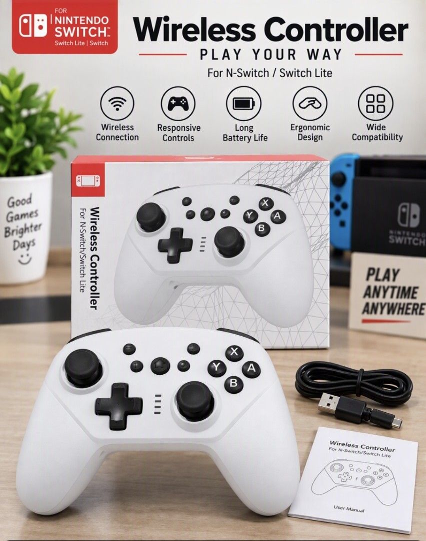 Wireless Controller for Nintendo Switch Switch Lite Switch 2 Android Mobile PC Computer (Category: Controllers) located in Seri Kembangan. Submitted by xnaitox (Listing ID 1463923445, Image 2). Description: - Wireless controller for N-Switch & Switch Lite - Compatible with all games - Features motion controls, HD rumble, and built-in amiibo - Approximately 10 hours of battery life - Package includes: controller, charging cable, user manual.