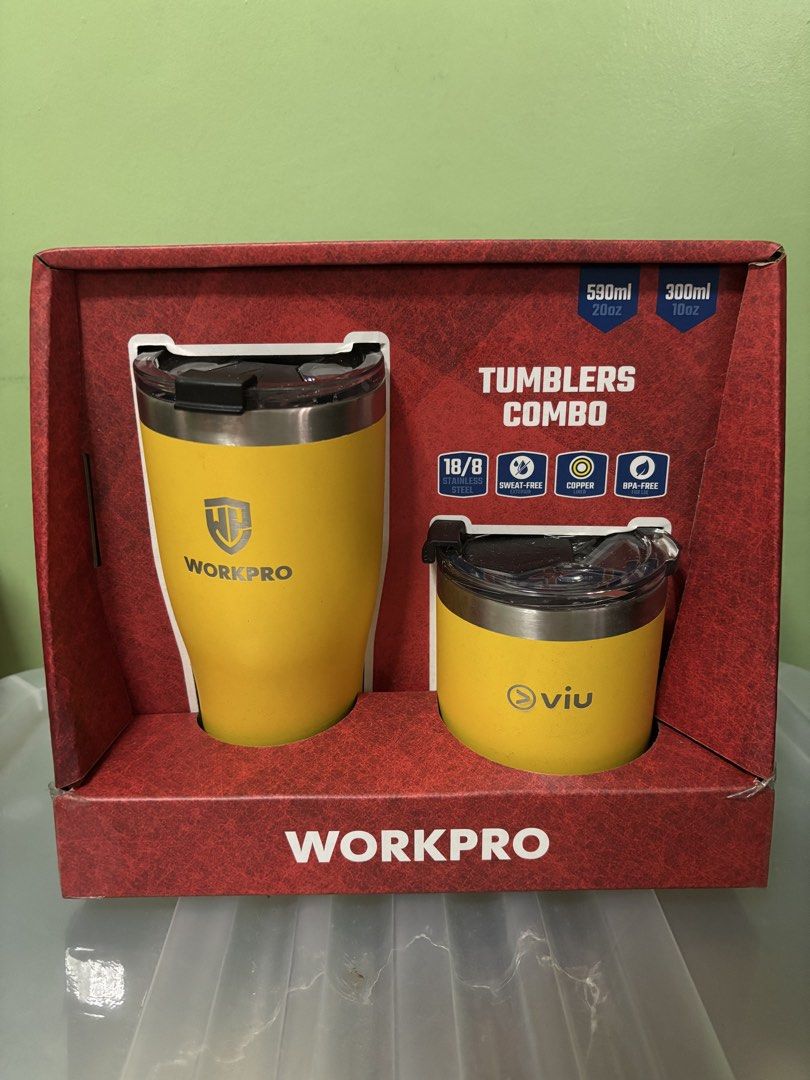 WORKPRO Tumblers Combo Set 590ml and 300ml Yellow (Category: Water Bottles & Tumblers) located in Manila. Submitted by kendrickda88641 (Listing ID 1468568053, Image 1). Description: - Brand new & unopened WORKPRO Tumbler Combo Set - Vibrant bright yellow color - Includes 2 sizes: 590ml and 300ml - Matching splash-resistant sliding lids included - Premium 18/8 stainless steel with copper liner - Sweat-free exterior & BPA-free materials - Perfect f