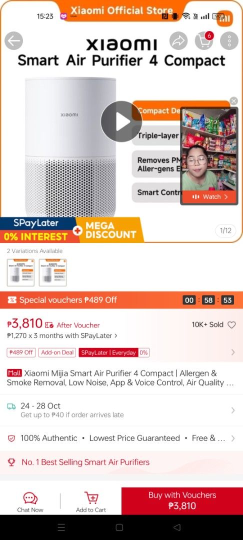 Xiaomi Smart Air Purifier 4 Compact (Category: Air Purifiers & Dehumidifiers) located in Daet. Submitted by nitsua.austria (Listing ID 1468573817, Image 2). Description: - Brand new & factory-sealed in original plastic - Removes PM2.5, allergens, and smoke - Energy-efficient DC motor with low noise operation - Supports app control and voice commands (Google Assistant & Alexa).