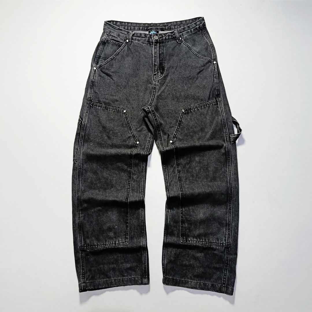 Y2K Double Knee Black Denim Carpenter Pants (Category: Jeans) located in Taytay. Submitted by hoodgrail.vtg (Listing ID 1468624594, Image 1). Description: • Excellent condition - Lightly used • Washed black denim with reinforced double-knee panels, rivet details, and a utility side loop • Size on tag: S — best fits W29 • Measurements: 15 x 39 in • Leg opening: 9 in • Color rate: 9/10 • Issue: None.