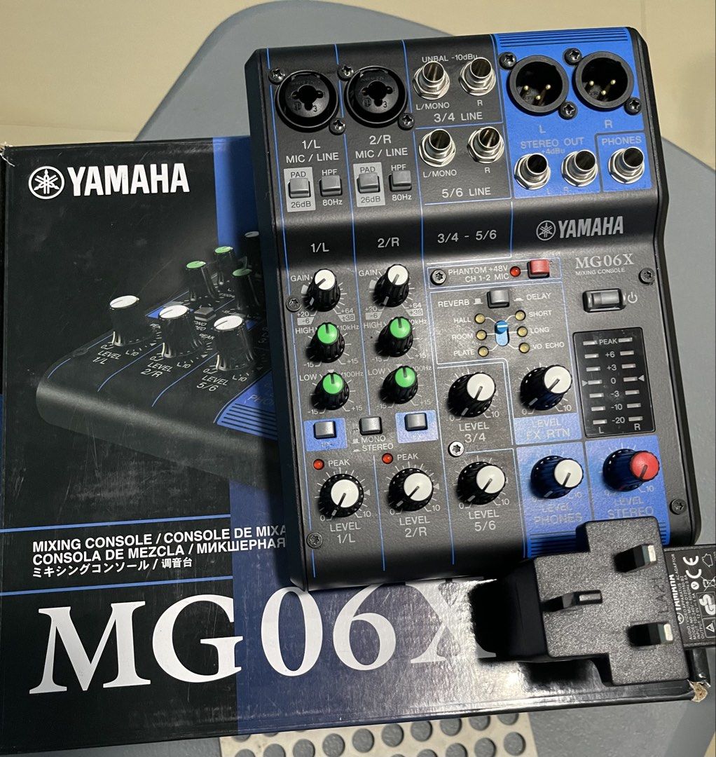 Yamaha MG06X 6-Channel Mixing Console (Category: Musical Instruments) located in Tarlac. Submitted by bsundae (Listing ID 1468691372, Image 2). Description: - Model: Yamaha MG06X 6-Channel Mixing Console - Condition: Excellent, clean unit with fully functional controls, knobs, and ports - Features: D-Pre mic preamps and SPX digital multi-effect processor - Ideal For: Live sound, podcasting, and home recording setups - Inclusions: Original AC powe