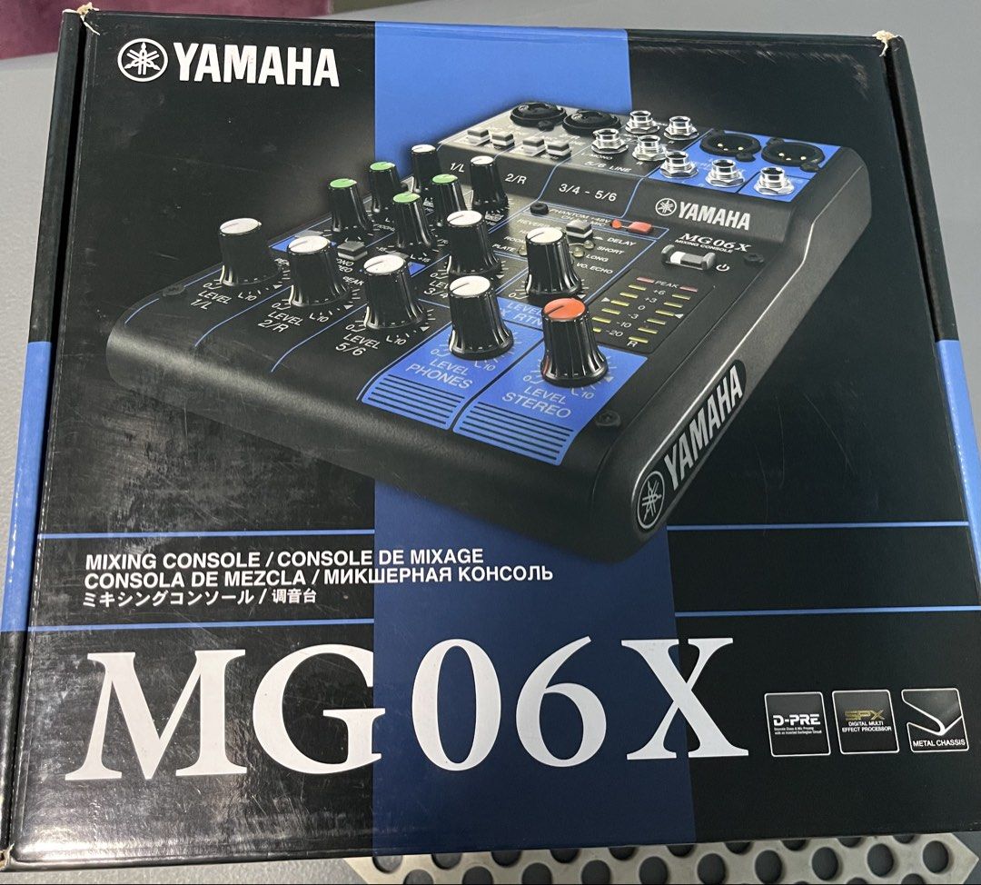Yamaha MG06X 6-Channel Mixing Console (Category: Musical Instruments) located in Tarlac. Submitted by bsundae (Listing ID 1468691372, Image 1). Description: - Model: Yamaha MG06X 6-Channel Mixing Console - Condition: Excellent, clean unit with fully functional controls, knobs, and ports - Features: D-Pre mic preamps and SPX digital multi-effect processor - Ideal For: Live sound, podcasting, and home recording setups - Inclusions: Original AC powe