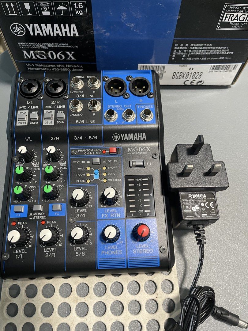 Yamaha MG06X 6-Channel Mixing Console (Category: Musical Instruments) located in Tarlac. Submitted by bsundae (Listing ID 1468691372, Image 3). Description: - Model: Yamaha MG06X 6-Channel Mixing Console - Condition: Excellent, clean unit with fully functional controls, knobs, and ports - Features: D-Pre mic preamps and SPX digital multi-effect processor - Ideal For: Live sound, podcasting, and home recording setups - Inclusions: Original AC powe