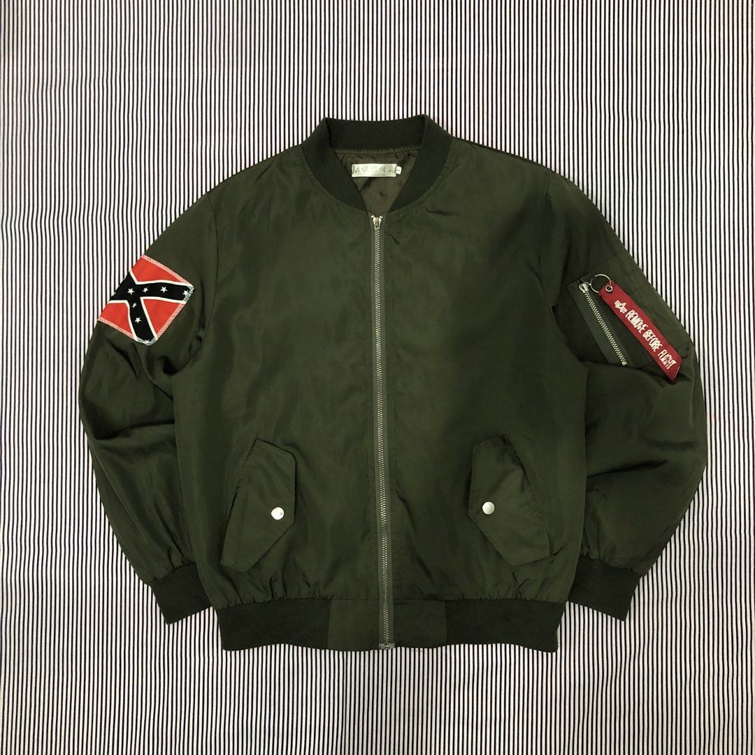 Yeezus Tour Bomber Jacket Olive Green Confederate Flag Patch Size L (Category: Coats, Jackets and Outerwear) located in Angeles City. Submitted by gray_thrift8 (Listing ID 1468559666, Image 1). Description: Dimensions: 25.5 width 25 length Issue: Missing button and broken zipper puller Need wash Pm!.