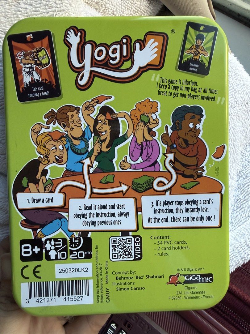 Yogi Board Game Gigamic (Category: Board Games & Puzzles) located in Taguig. Submitted by decluttering_tita2 (Listing ID 1468599662, Image 2). Description: - Hilarious party game of twisted poses that guarantees endless laughs - Perfect icebreaker for game nights, recommended for ages 8 and up (3 to 10 players) - Easy-to-learn rules: draw cards and follow body movement instructions while keeping previous ones - Packed in a sturdy metal tin box fo